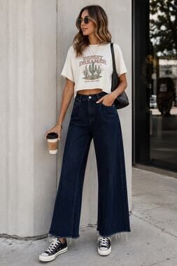 OAT Dark Wash Wide Leg Jeans High Waisted Frayed Hem Women’s 27 4